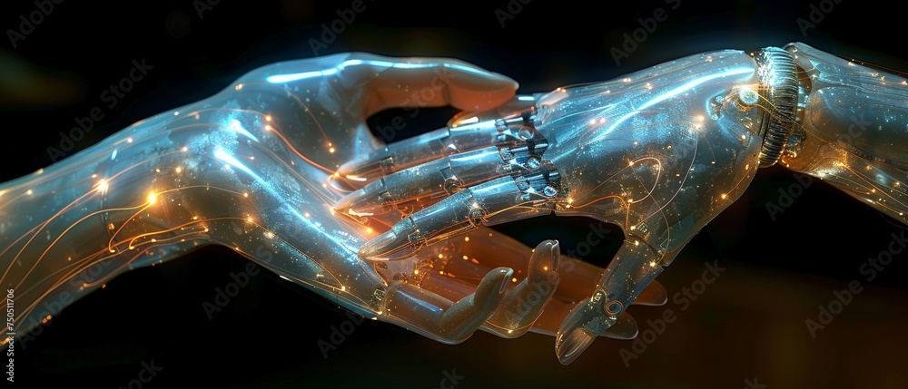 Aufkleber An illustration of a robot and a human touching on a future interface for a global virtual network. This is an illustration of artificial intelligence technology.