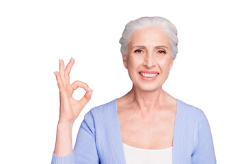 Close up portrait of happy elderly woman looking at the camera showing ok sign isolated on bright violet background