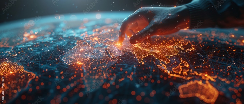 Aufkleber 3D rendering of a businessman touching a global network and exchanging data over the world