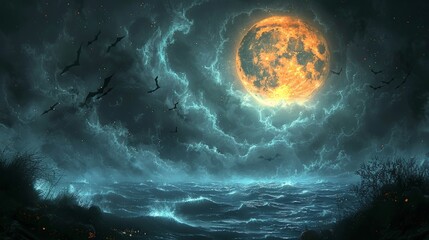 Naklejka na ściany i meble It contains a 3D illustration of a spooky moon in a cloudy sky with bats on Halloween Night