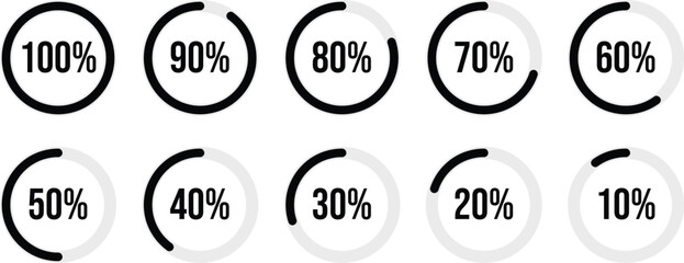 Set of circle percentage diagrams from 100 to 10 ready-to-use for web design, user interface (UI) or infographic - indicator with black. vector illustration. 