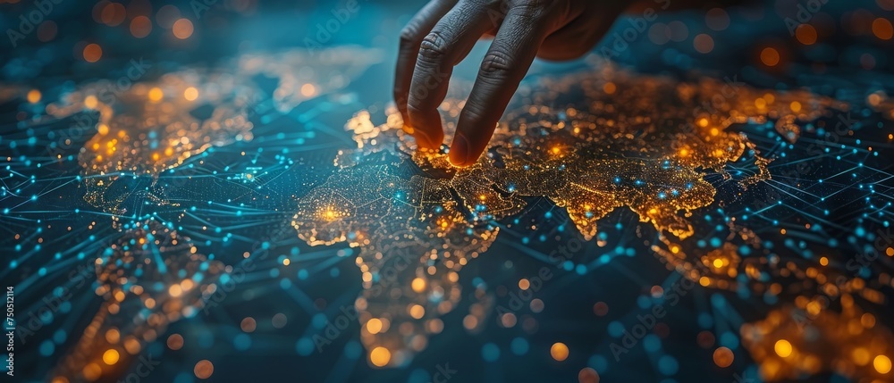 Leinwandbilder the businessman touches the global network and exchanges data over the globe in 3d