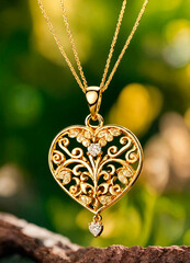 gold pendant in the shape of a heart. Selective focus.
