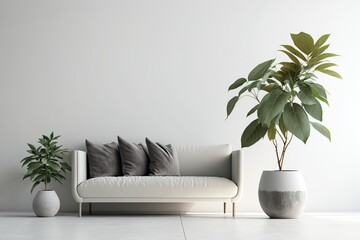 Green plant on scandinavian cabinet with drawer and a cozy couch with pillows in a gray living room interior with copy space - obrazy, fototapety, plakaty