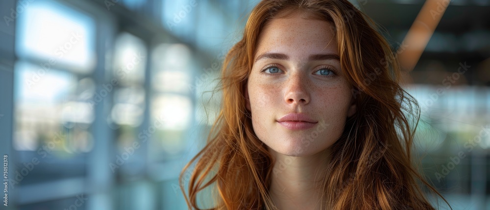 Aufkleber an attractive woman stands in front of a high-tech background in this image
