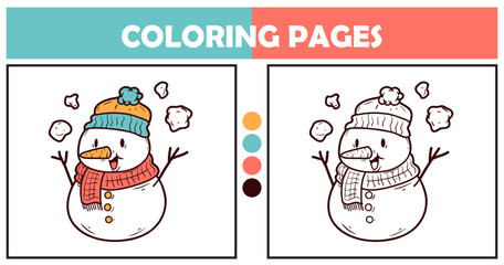 Blue and red snowman character coloring pages for kids vector illustration