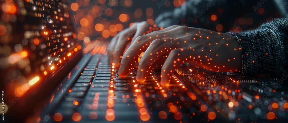 Poster Concept of digital technology, software development. Coding programmer, software engineer using laptop and circuit board with Java script on a virtual screen. Internet of things.