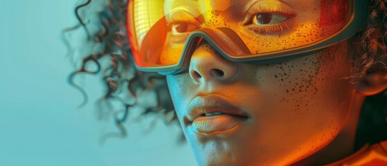 Future technology concept of a woman wearing virtual reality glasses. - obrazy, fototapety, plakaty