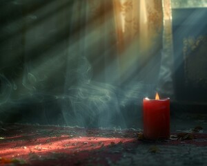 Candle casting bright light in broad daylight shadows flee the brilliance