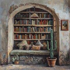 Fototapeta na wymiar Cozy cactus nestled in a library nook an oasis of tranquility