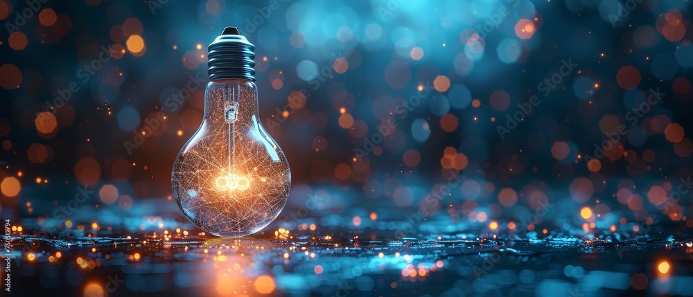 Fototapete Light bulb with a blue glow inside. Machine learning and AI concept. Abstract geometric background. Wireframe light connection structure. Modern 3D graphic .