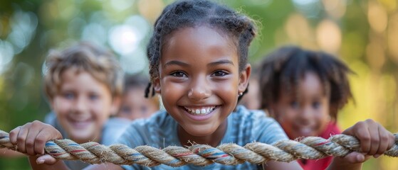 Playing tug-of-war with rope in a city park with a group of happy multiethnic school children. Summer camp fun for kids, kids having fun and playing with rope in a city park. - obrazy, fototapety, plakaty
