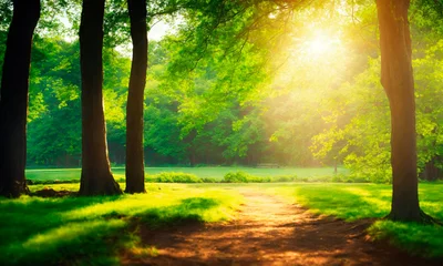 Deurstickers sun rays through the trees in the park. Selective focus. © Erik