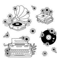 set of isolated outline gramophone, typewriter, books, vinyl record - 750512781