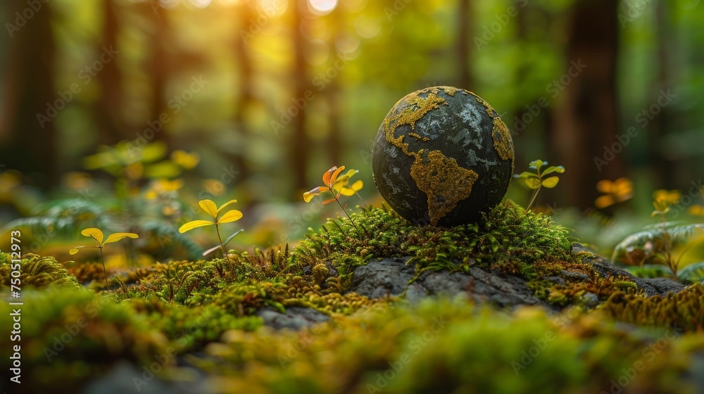 Poster the environment - green globe in forest with moss and defocused abstract sunlight