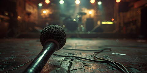 Closeup shot of a microphone set on a stage during an event with lights in the background, 
