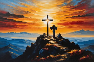 Ölgemälde der Silhouette von Jesus, Kreuzsymbol auf dem Kalvarienberg bei Sonnenuntergang, Vintage-Leinwand. Gold, Schwarz, Blau, Rot und Grau, Ostern, Wiederauferstehung.