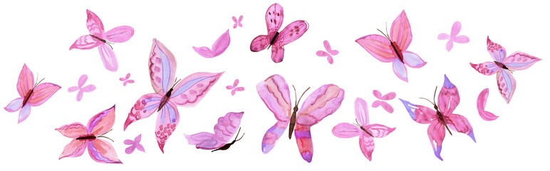 Pink watercolor hand painted butterflies. PNG transparent design element.