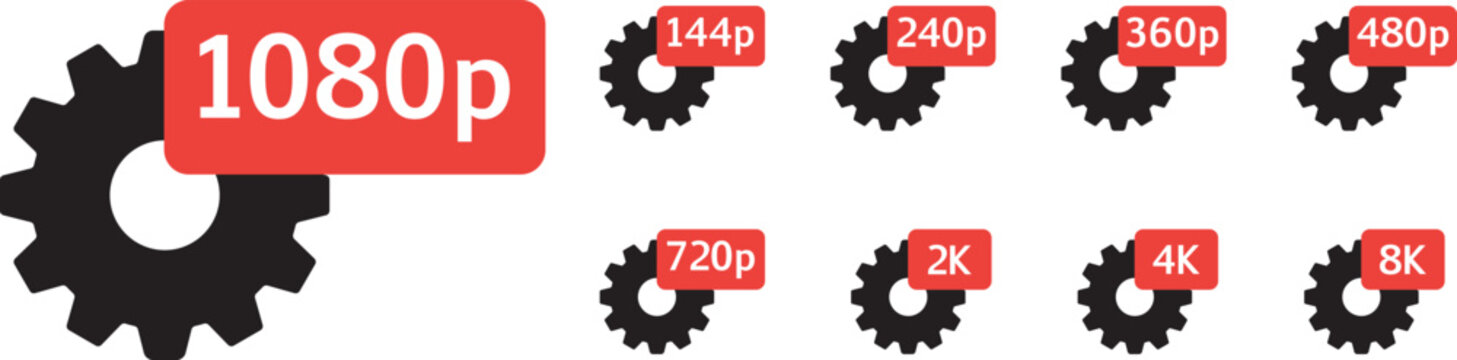Video Quality, Demission Icon, Symbol 144p to 8k. Vector Illustration