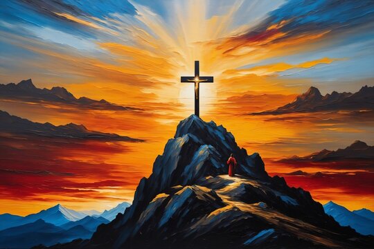 &Ouml;lgem&auml;lde der Silhouette von Jesus, Kreuzsymbol auf dem Kalvarienberg bei Sonnenuntergang, Vintage-Leinwand. Gold, Schwarz, Blau, Rot und Grau, Ostern, Wiederauferstehung.