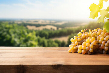 Empty wooden table for product demonstration and presentation on the background of a vineyard. Ripe grapes lie on the side of the table.The concept of harvest, winemaking. Mock up.Copy space. - obrazy, fototapety, plakaty