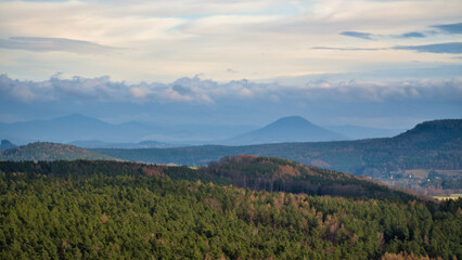 View from the Pfaffenstein. Forests, mountains, vastness, panorama. Landscape