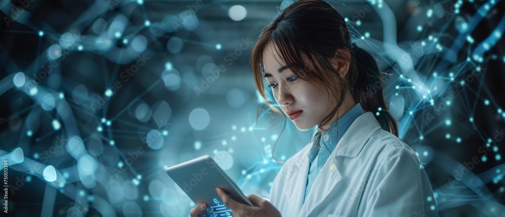 Poster the doctor uses a tablet to keep a record of patients' medical history. dna medical technology in a 