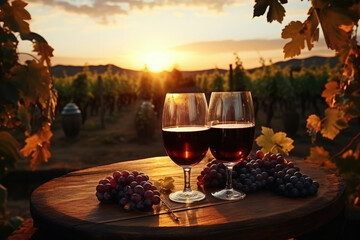 Glasses with wine, grapes on a wooden barrel against the backdrop of a vineyard and a beautiful...