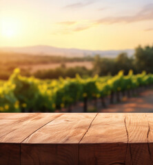 Empty wooden table for product demonstration and presentation on the background of a vineyard. The...