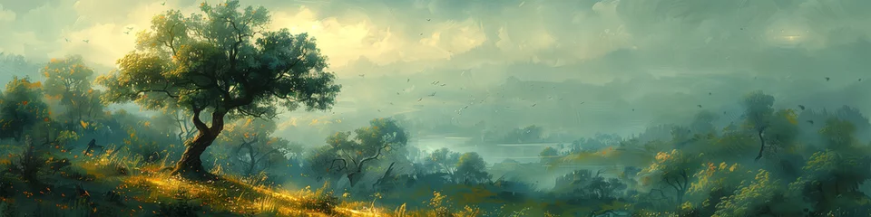 Poster panoramic digital illustration of an enchanted sunrise over misty forest landscape © Andrea Marongiu