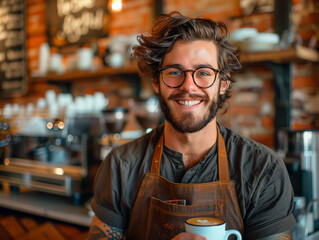 young barista is smiling and brewing coffee  - obrazy, fototapety, plakaty