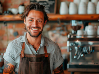 young barista is smiling and brewing coffee  - obrazy, fototapety, plakaty