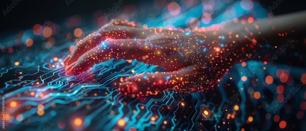 Aufkleber Big Data concept. Digital neural network. Hand of business woman touching introduction of artificial intelligence. Cyberspace of the future. Science and innovation of technology.