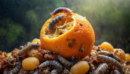 Worms feasting on a half-eaten rotting orange, showcasing nature's decomposition process in a vibrant close-up.