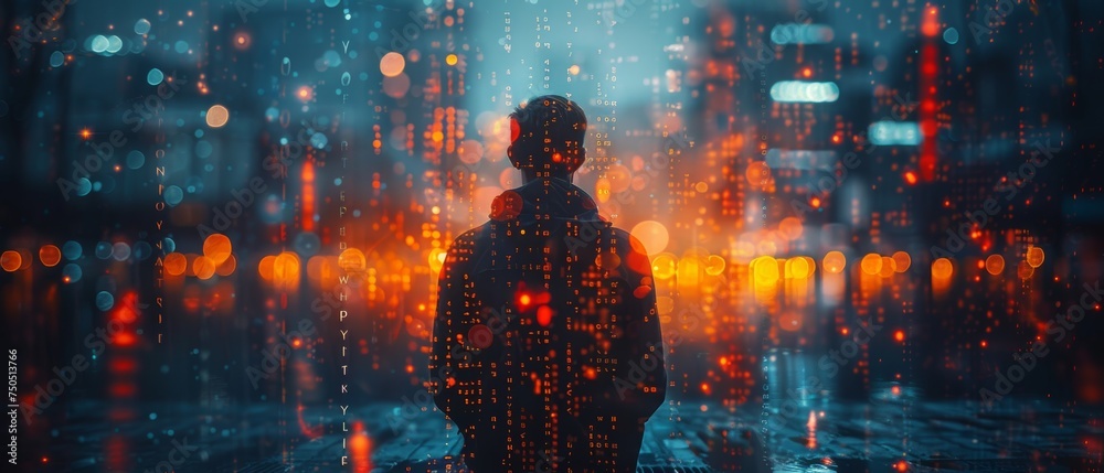 Poster Double exposure, programmer, software developer working on digital tablet and smart city with binary, html computer code on screen.