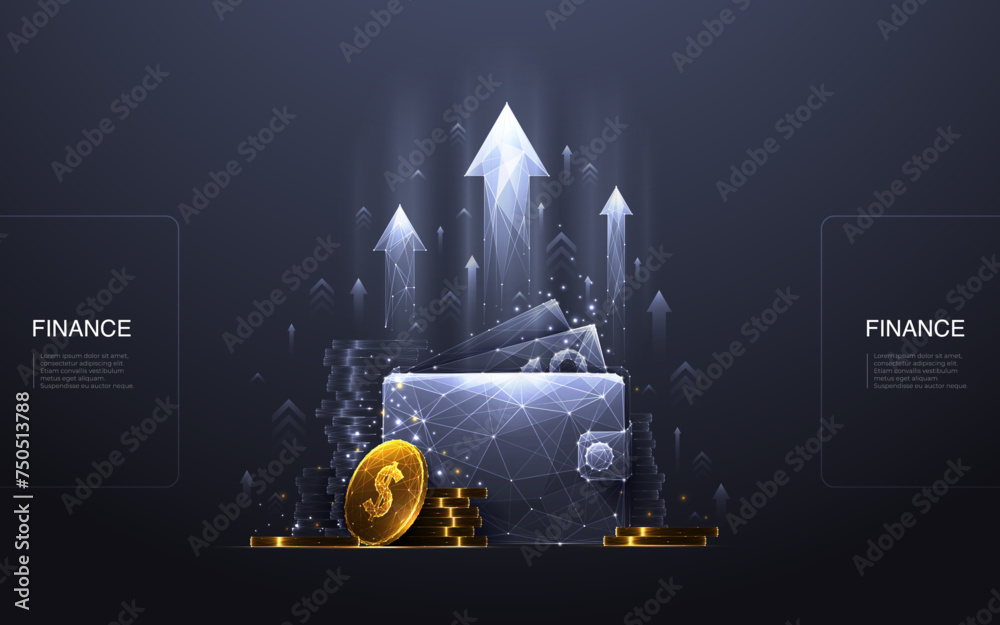 Poster revenue increase. digital wallet with a golden dollar coin and abstract growth arrows on a technolog