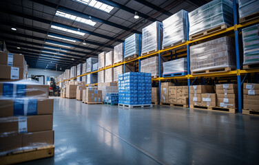 warehouse interior with shelves, pallets and boxes perspective