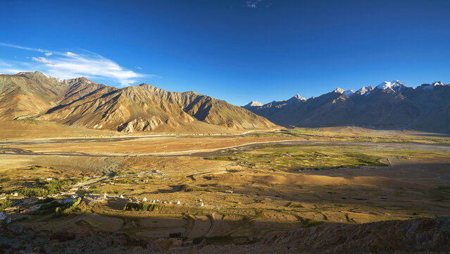 Panoramic view of Zanskar valley and Padum town in Ladakh
