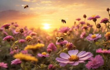 Group of bee is flaying at the flowers garden with beautiful sunset view in the summer season - obrazy, fototapety, plakaty