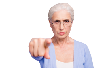 Portrait of beautiful angry gray-haired old lady wearing casual, pointing with finger straight to camera. Copy space. Isolated over pastel violet purple background