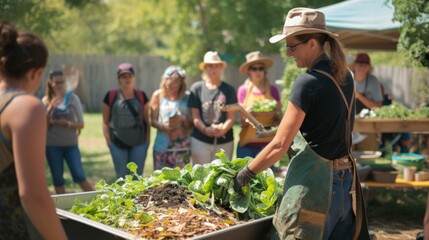 A group of people at a gardening workshop about composting and sustainable farming - 750514506