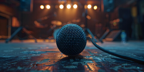 Black microphone isolated on blue background close up, 
