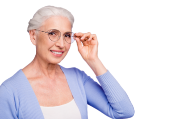 Portrait of grey haired old smiling woman wearing glasses, holding eyewear with hand. Isolated over violet purple background, copy space