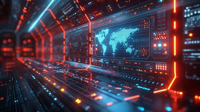 Futuristic control panel with blue lights. High tech console with futuristic screen.