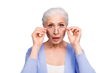 Portrait of beautiful nice amazed gray-haired old lady wearing casual and glasses, showing gesture, putting spectacles down. Isolated over pastel violet purple background