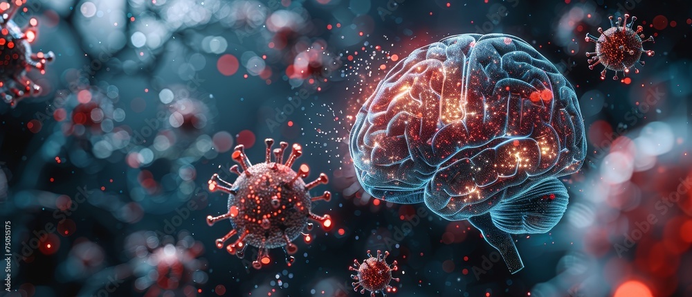 Aufkleber a blue glass dome enclosing an abstract brain with red viruses attacking it. low poly style. blue ge