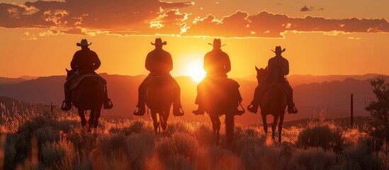 Silhouettes of a group of cowboys gallop on desert at sunset scene. AI generated image