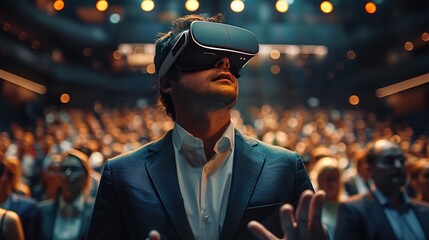 Young man in VR glasses standing at a show. Image of man in suit having virtual reality experience.