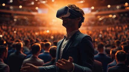 Obraz premium Young man in VR glasses standing at a show. Image of man in suit having virtual reality experience.