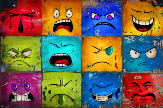 Different emotions. A colorful collection of cartoon faces with a variety of expressions, including anger, sadness, and happiness